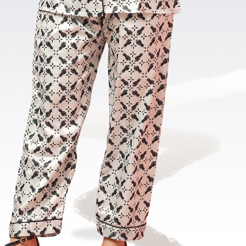Abstract Black Silver Pineapple Print Silk Night Suit for Women | Notch Collar, Loose Fit Shirt, Trouser & Eye Cover Set