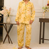 Abstract Marbel Design Silk Night Suit for Women - Gold | Notch Collar, Loose Fit Shirt, Trouser & Eye Cover Set