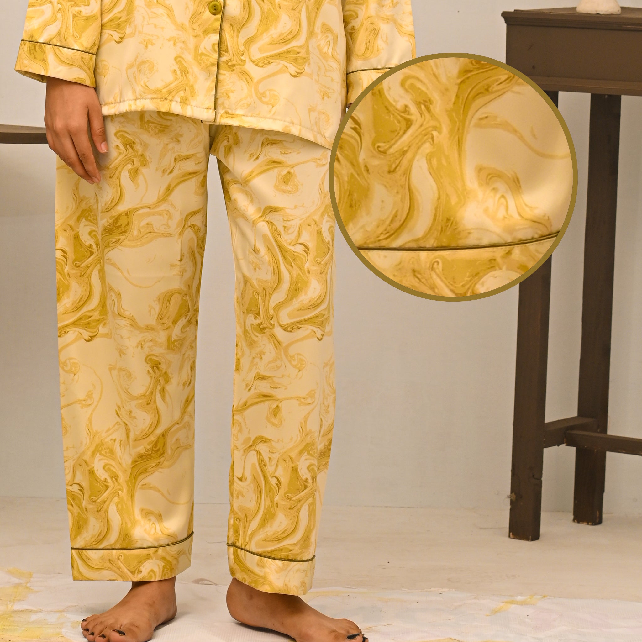 Abstract Marbel Design Silk Night Suit for Women - Gold | Notch Collar, Loose Fit Shirt, Trouser & Eye Cover Set