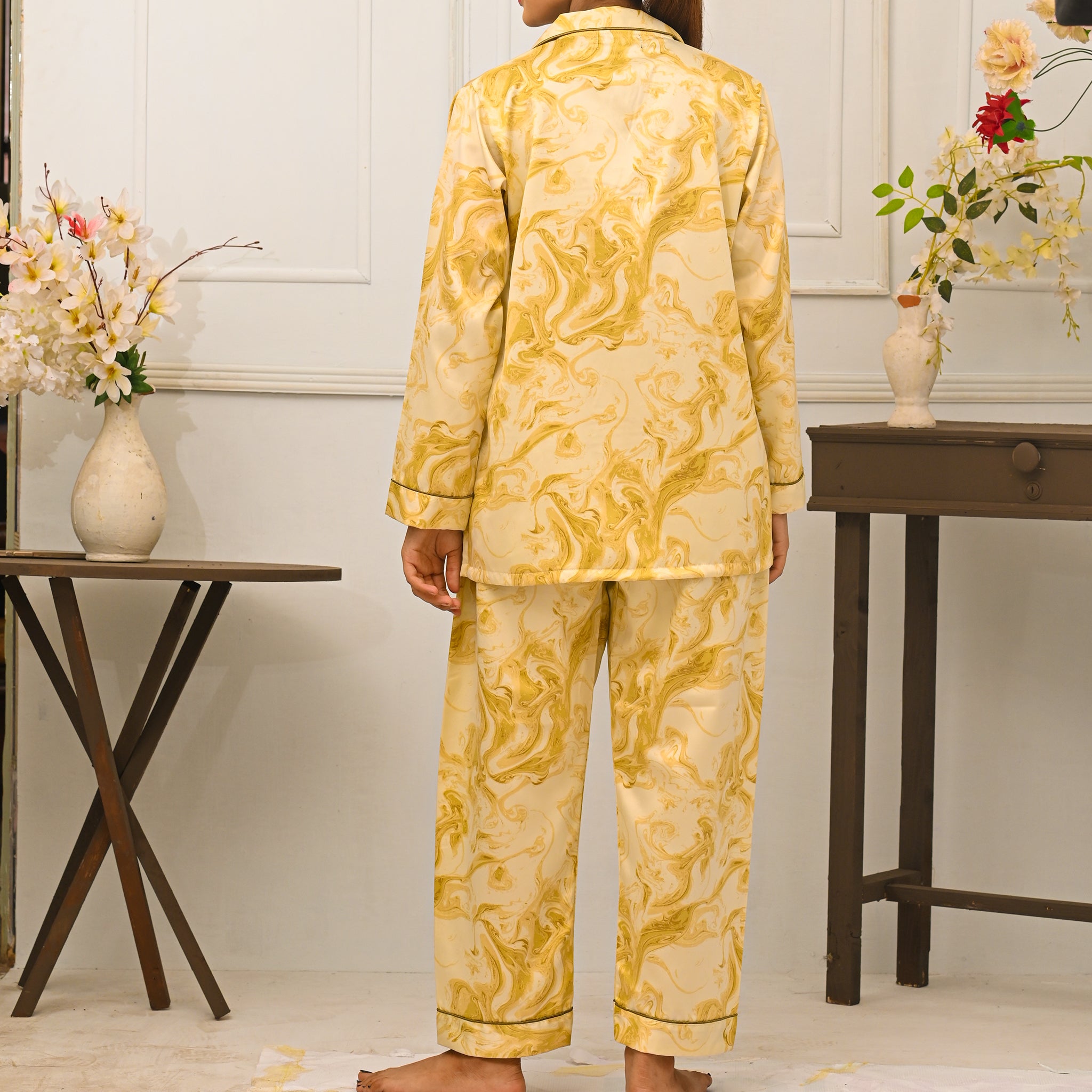 Abstract Marbel Design Silk Night Suit for Women - Gold | Notch Collar, Loose Fit Shirt, Trouser & Eye Cover Set