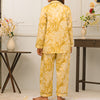 Abstract Marbel Design Silk Night Suit for Women - Gold | Notch Collar, Loose Fit Shirt, Trouser & Eye Cover Set