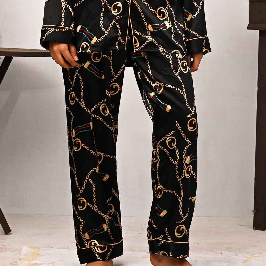 Abstract Black And Golden Silk Night Suit for Women | Notch Collar, Loose Fit Shirt, Trouser & Eye Cover Set