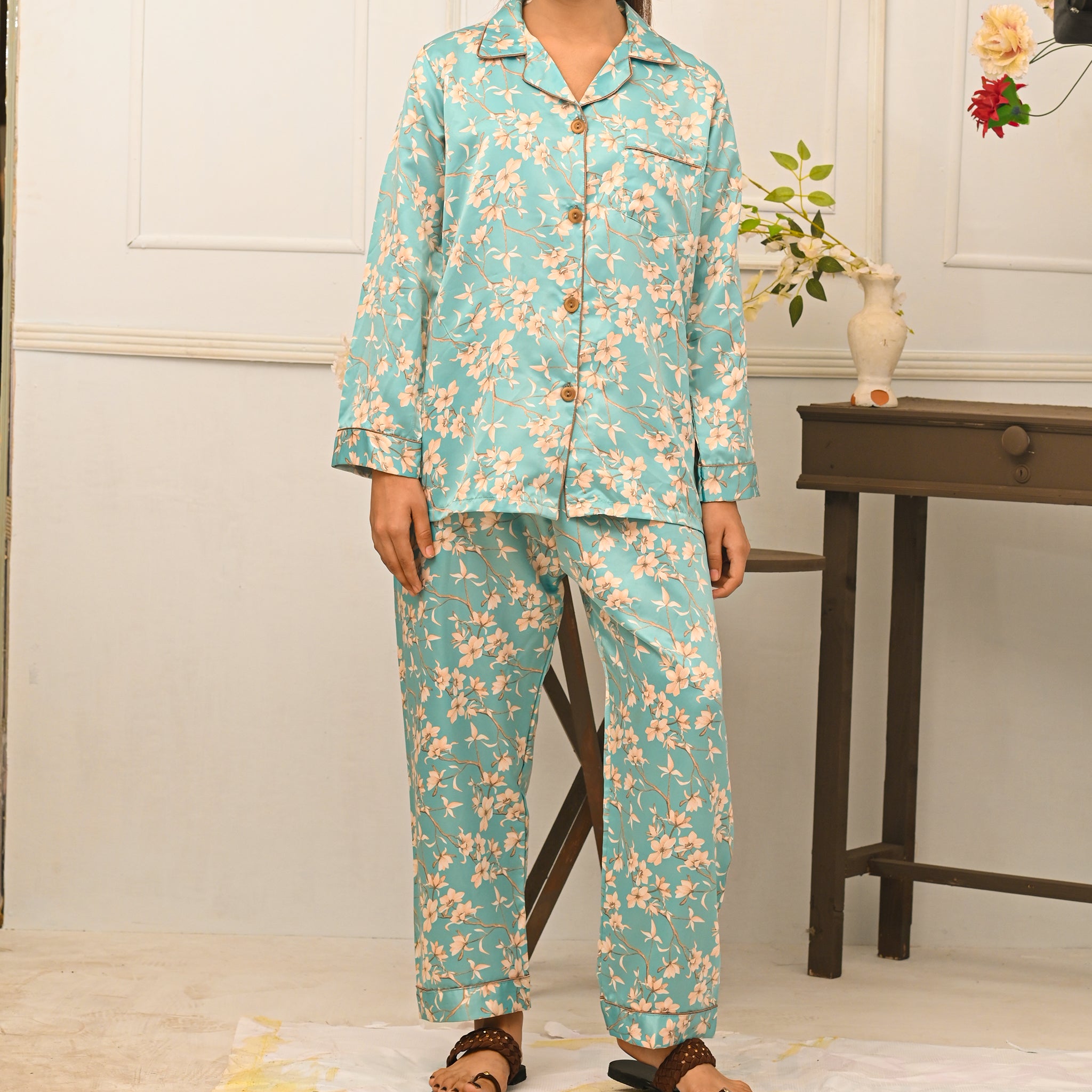 Blue Floral Design Silk Night Suit for Women | Notch Collar, Loose Fit Shirt, Trouser & Eye Cover Set