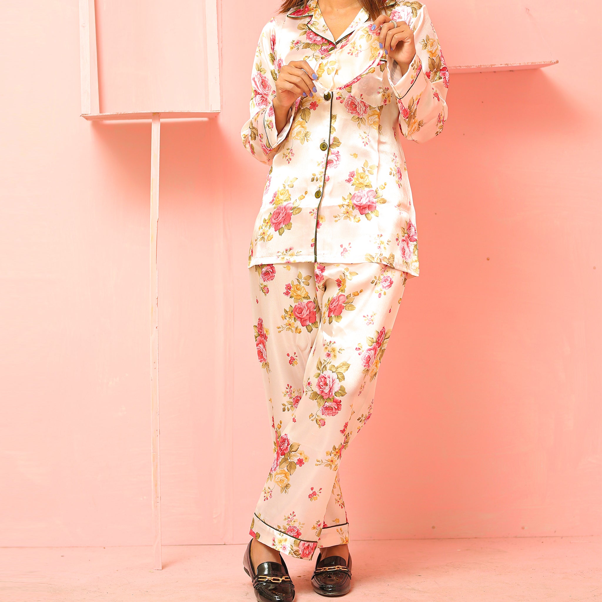 Golden Night Suit with Pink Floral Design Silk Night Suit for Women | Notch Collar, Loose Fit Shirt, Trouser & Eye Cover Set