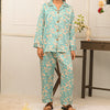 Blue Floral Design Silk Night Suit for Women | Notch Collar, Loose Fit Shirt, Trouser & Eye Cover Set