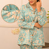 Blue Floral Design Silk Night Suit for Women | Notch Collar, Loose Fit Shirt, Trouser & Eye Cover Set