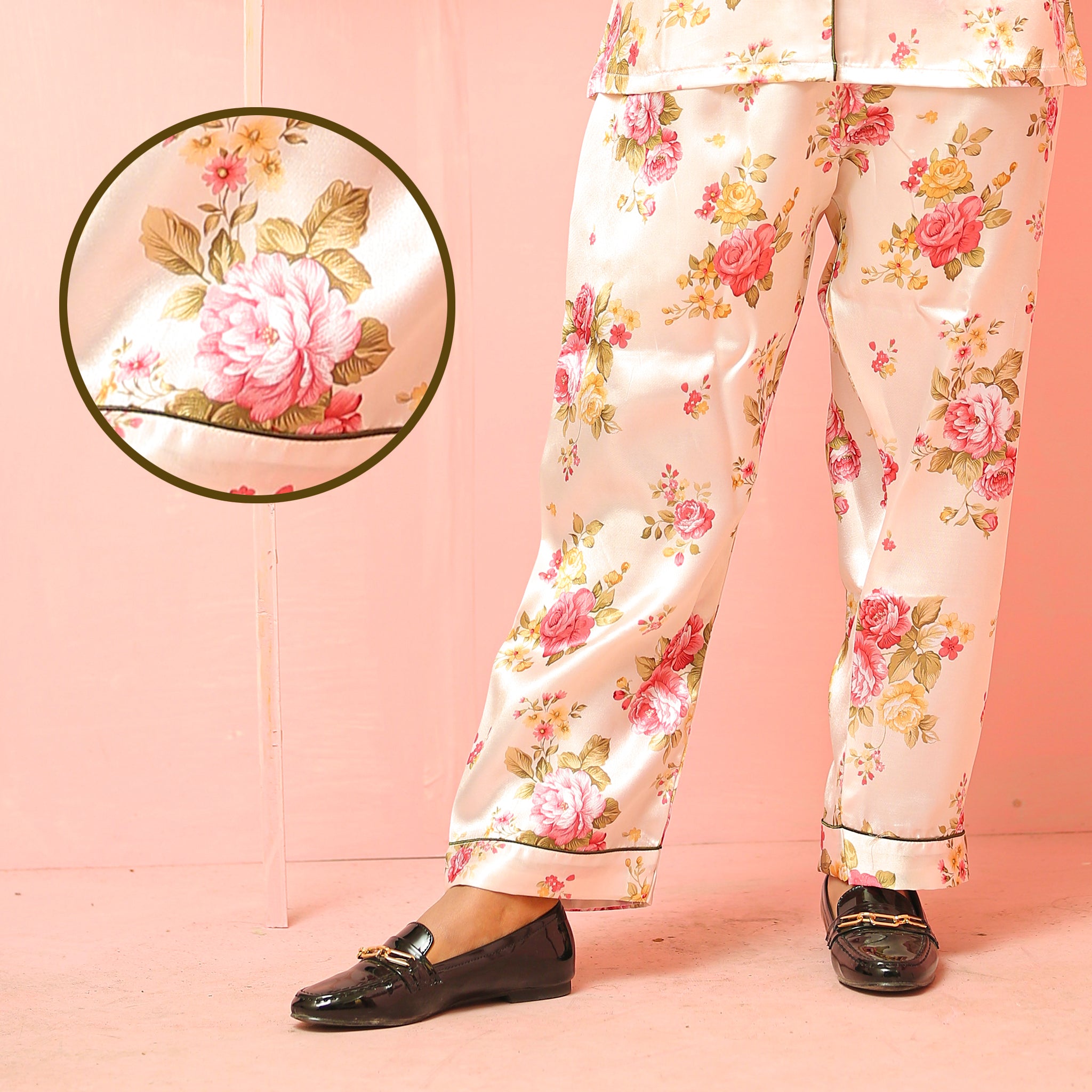 Golden Night Suit with Pink Floral Design Silk Night Suit for Women | Notch Collar, Loose Fit Shirt, Trouser & Eye Cover Set