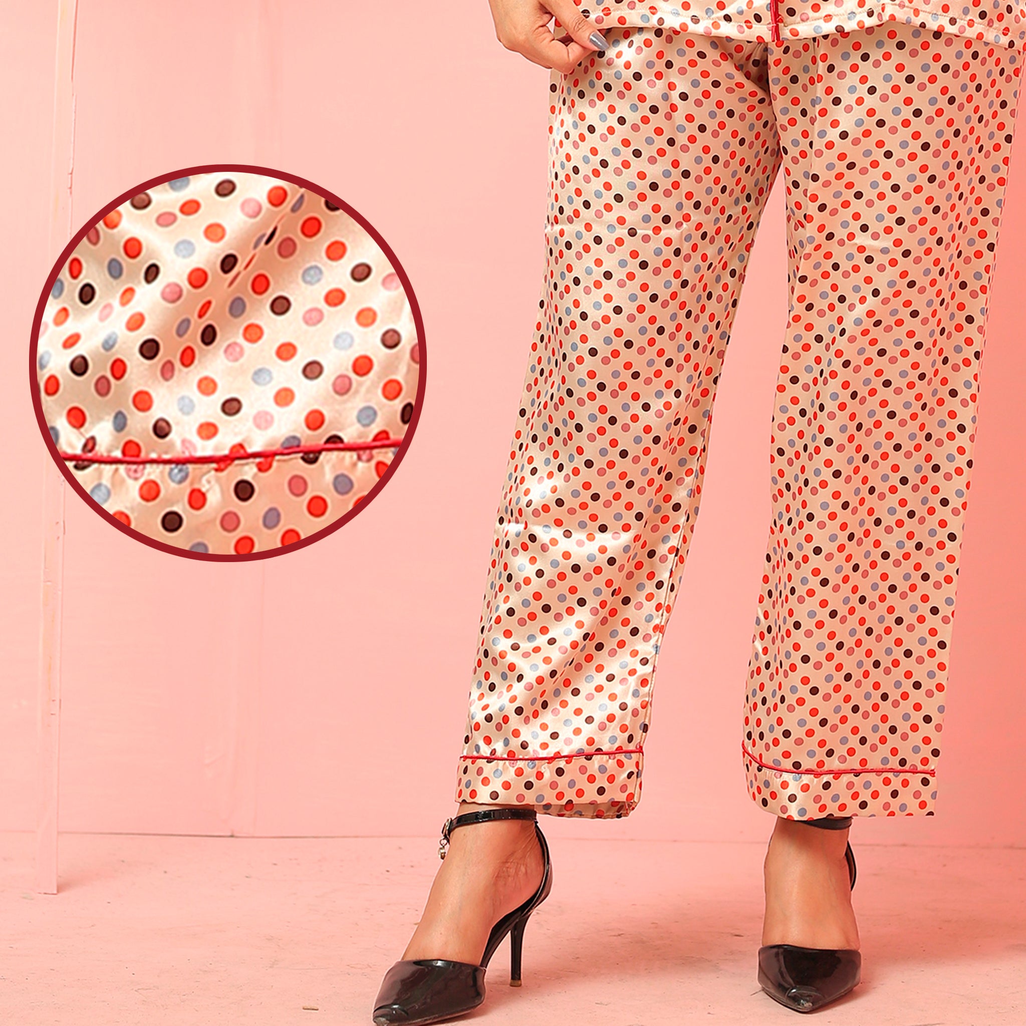 Multiple Polkadots Design Silk Night Suit for Women - Gold | Notch Collar, Loose Fit Shirt, Trouser & Eye Cover Set