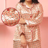 Multiple Polkadots Design Silk Night Suit for Women - Gold | Notch Collar, Loose Fit Shirt, Trouser & Eye Cover Set