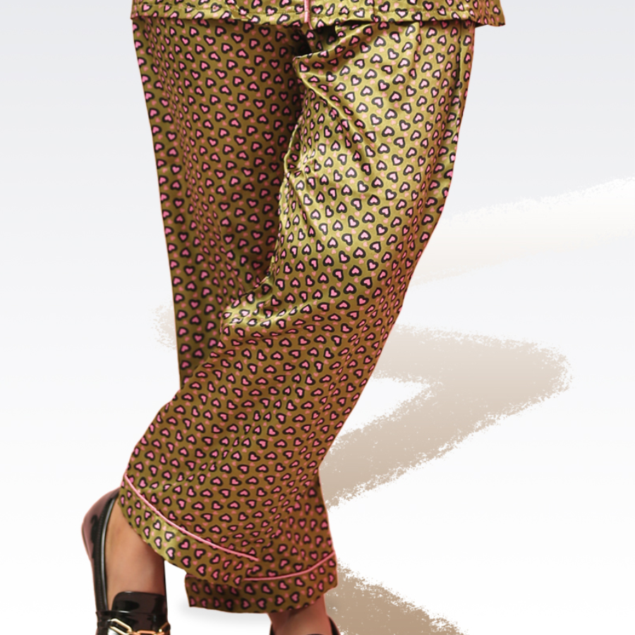 Heart - Pink Green Black Print Silk Night Suit for Women | Notch Collar, Loose Fit Shirt, Trouser & Eye Cover Set