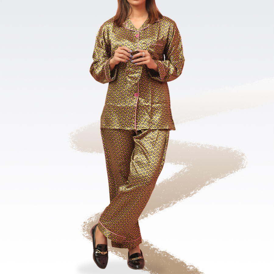 Heart - Pink Green Black Print Silk Night Suit for Women | Notch Collar, Loose Fit Shirt, Trouser & Eye Cover Set