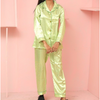 Abstract Green Lining Silk Night Suit for Women - Gold | Notch Collar, Loose Fit Shirt, Trouser & Eye Cover Set
