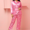 Pink Star Design Silk Night Suit for Women | Notch Collar, Loose Fit Shirt, Trouser & Eye Cover Set