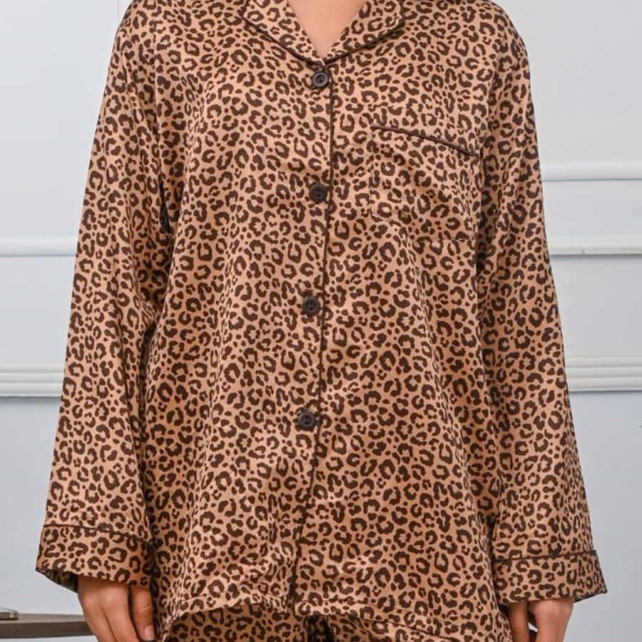 Cheeta Brown Cheeta Print Silk Night Suit for Women | Notch Collar, Loose Fit Shirt, Trouser & Eye Cover Set