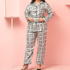 Abstract Black Silver Pineapple Print Silk Night Suit for Women | Notch Collar, Loose Fit Shirt, Trouser & Eye Cover Set