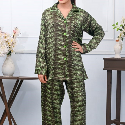 Abstract Green And Gray Silk Night Suit for Women | Notch Collar, Loose Fit Shirt, Trouser & Eye Cover Set