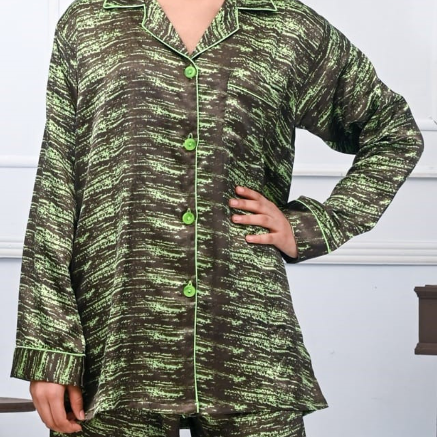 Abstract Green And Gray Silk Night Suit for Women | Notch Collar, Loose Fit Shirt, Trouser & Eye Cover Set