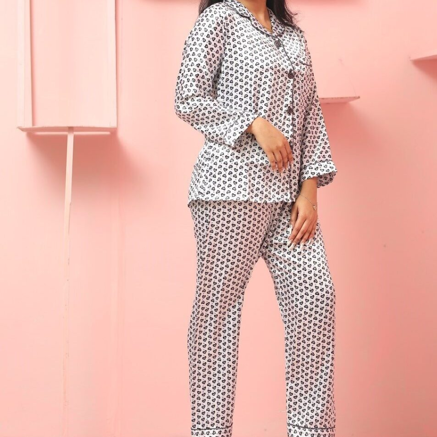 Heart - White Black Hard Silver Print Silk Night Suit for Women | Notch Collar, Loose Fit Shirt, Trouser & Eye Cover Set