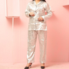 Abstract Silver Gray Print Silk Night Suit for Women | Notch Collar, Loose Fit Shirt, Trouser & Eye Cover Set