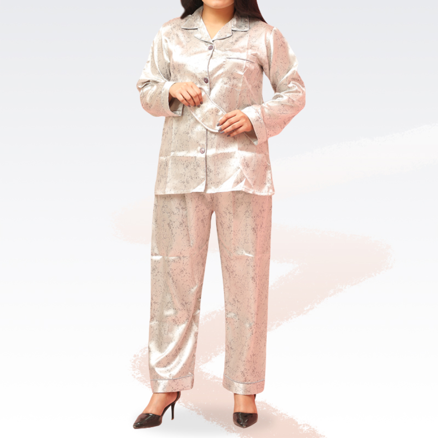 Abstract Silver Gray Print Silk Night Suit for Women | Notch Collar, Loose Fit Shirt, Trouser & Eye Cover Set