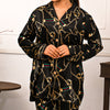 Abstract Black And Golden Silk Night Suit for Women | Notch Collar, Loose Fit Shirt, Trouser & Eye Cover Set