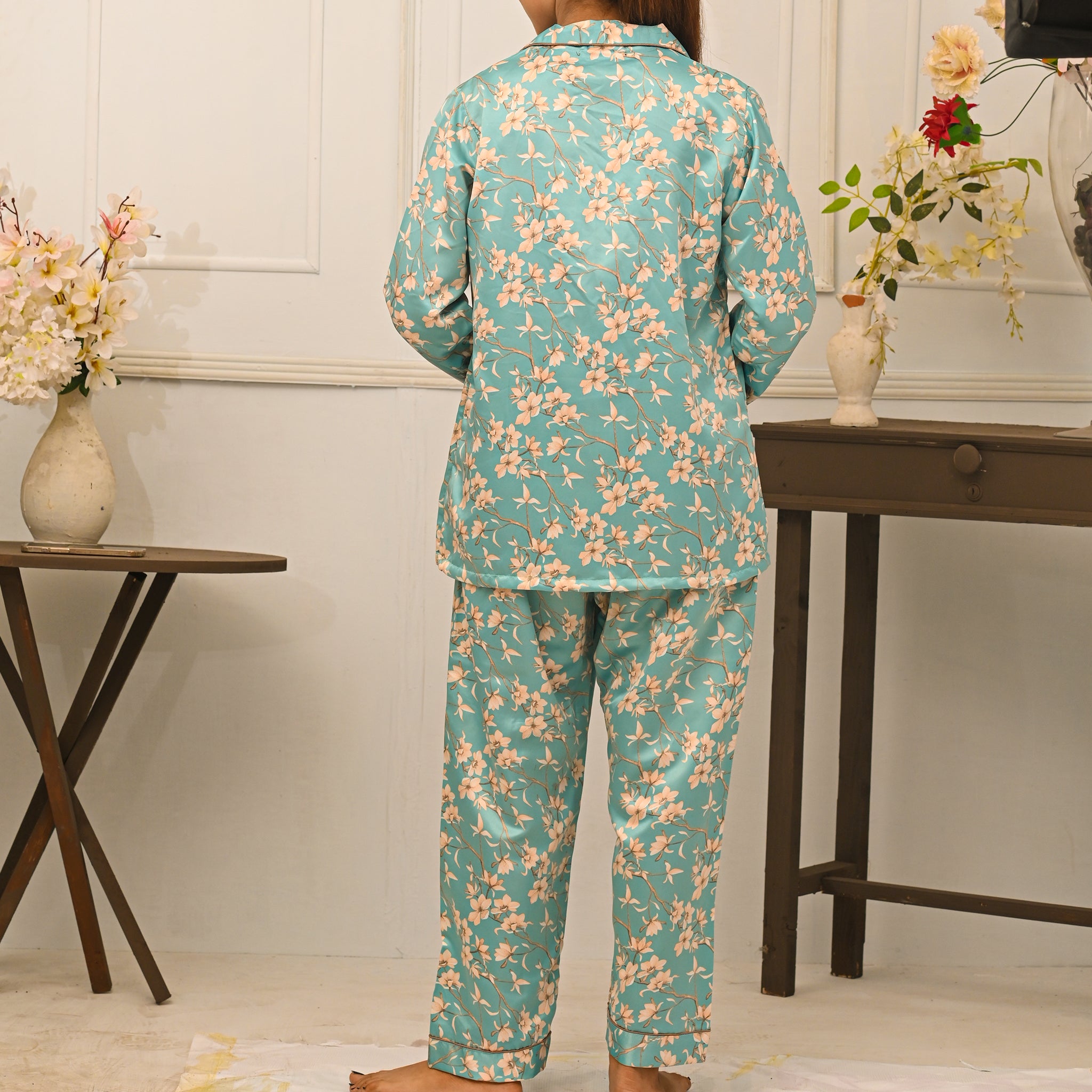 Blue Floral Design Silk Night Suit for Women | Notch Collar, Loose Fit Shirt, Trouser & Eye Cover Set