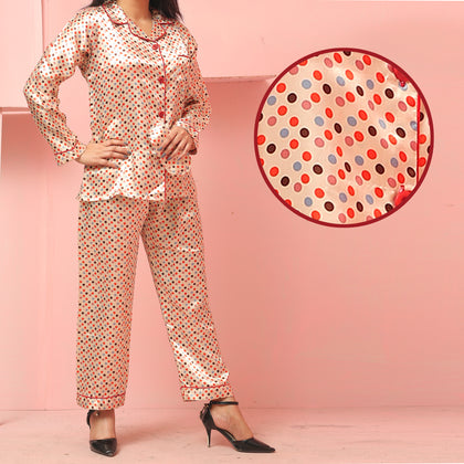 Multiple Polkadots Design Silk Night Suit for Women - Gold | Notch Collar, Loose Fit Shirt, Trouser & Eye Cover Set
