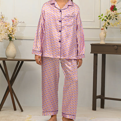 Multiple Polkadots Design Silk Night Suit for Women - Purple | Notch Collar, Loose Fit Shirt, Trouser & Eye Cover Set