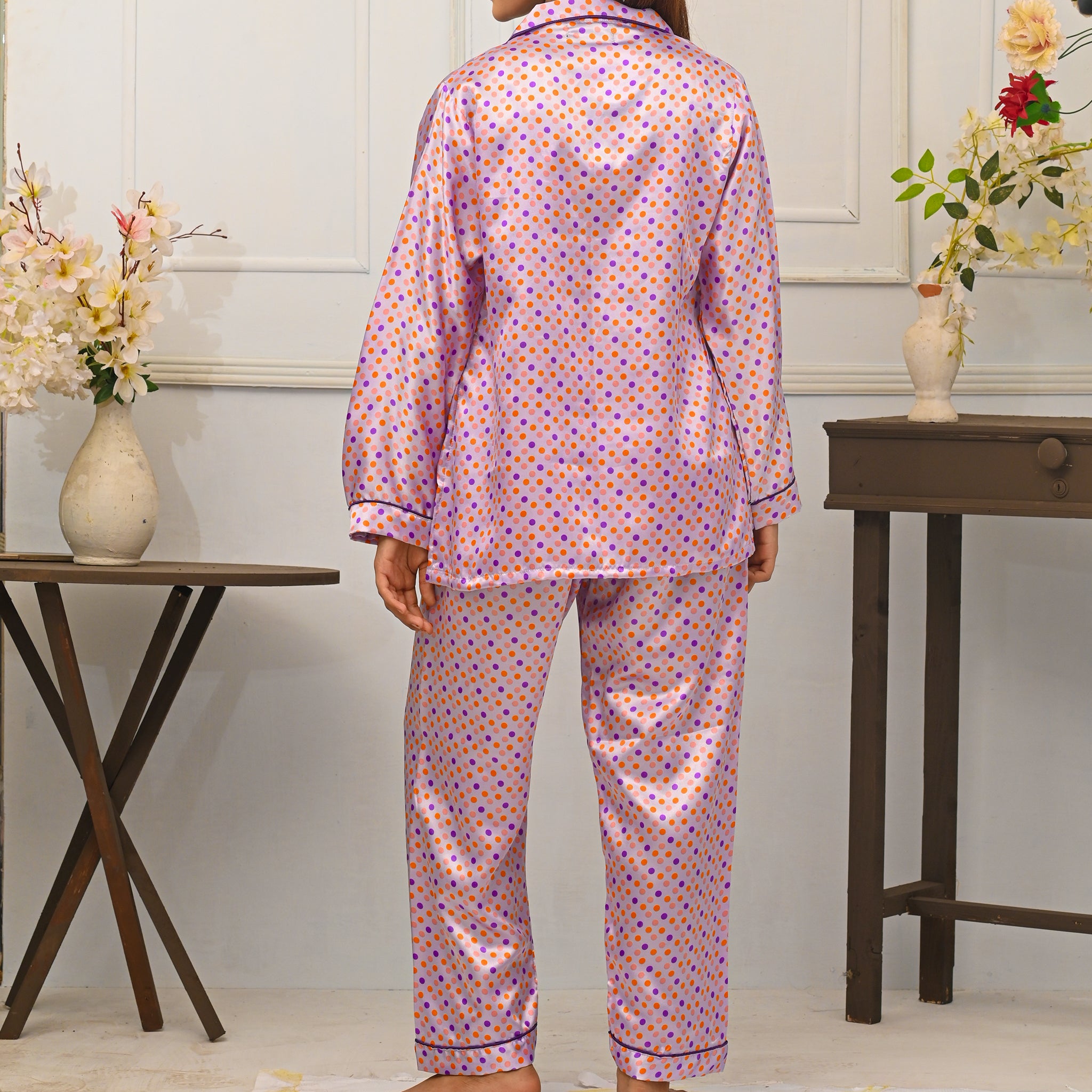Multiple Polkadots Design Silk Night Suit for Women - Purple | Notch Collar, Loose Fit Shirt, Trouser & Eye Cover Set