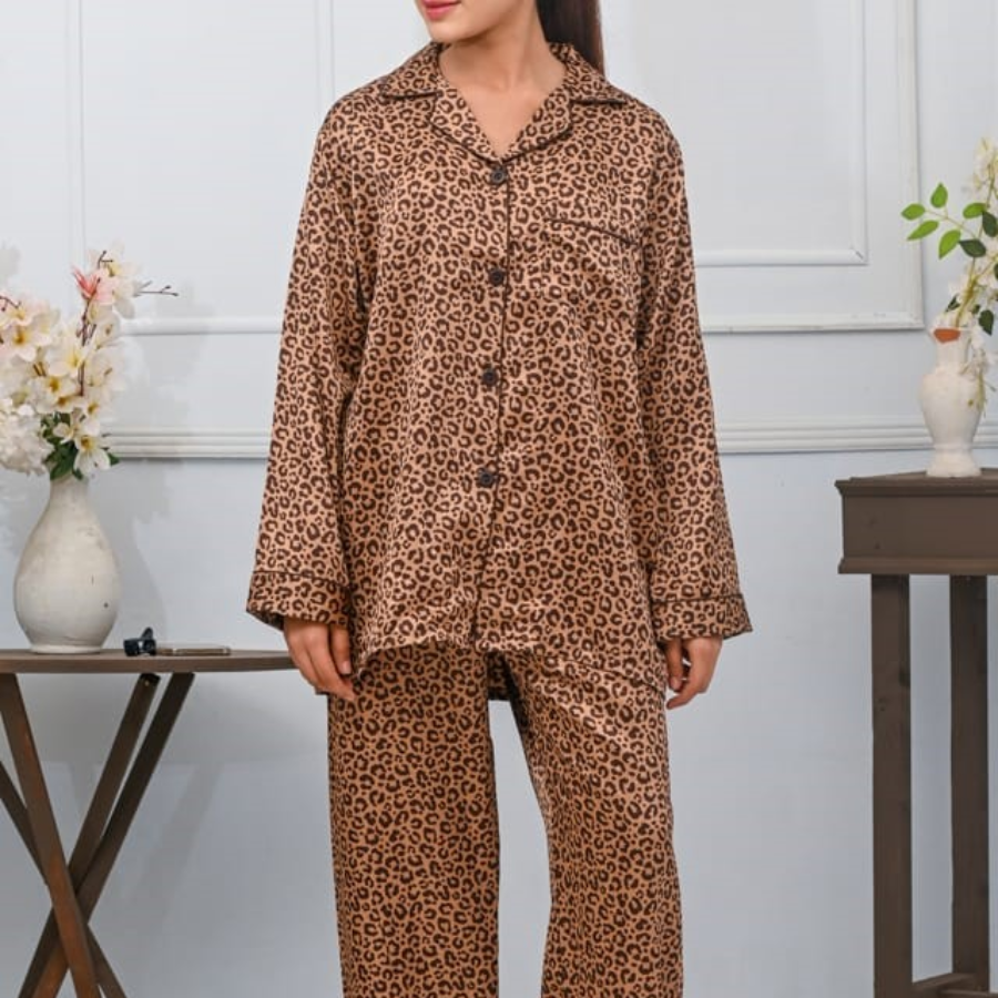 Cheeta Brown Cheeta Print Silk Night Suit for Women | Notch Collar, Loose Fit Shirt, Trouser & Eye Cover Set