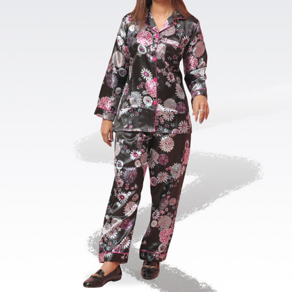Black Pink Floral Design Silk Night Suit for Women | Notch Collar, Loose Fit Shirt, Trouser & Eye Cover Set