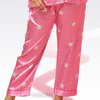 Pink Star Design Silk Night Suit for Women | Notch Collar, Loose Fit Shirt, Trouser & Eye Cover Set